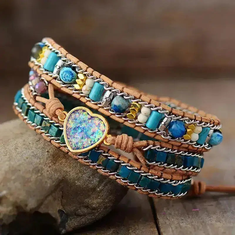 Blue Heart Opal Leather  Bracelet