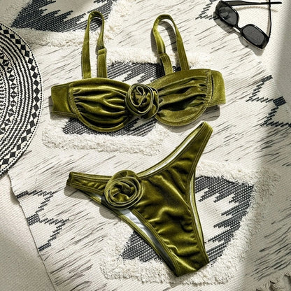 Green flower push up velvet two piece swimsuit - Sexikinis Swim