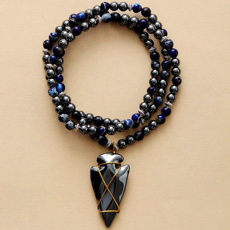 Imperial Jasper & Hematite Steampunk Arrowhead Necklace