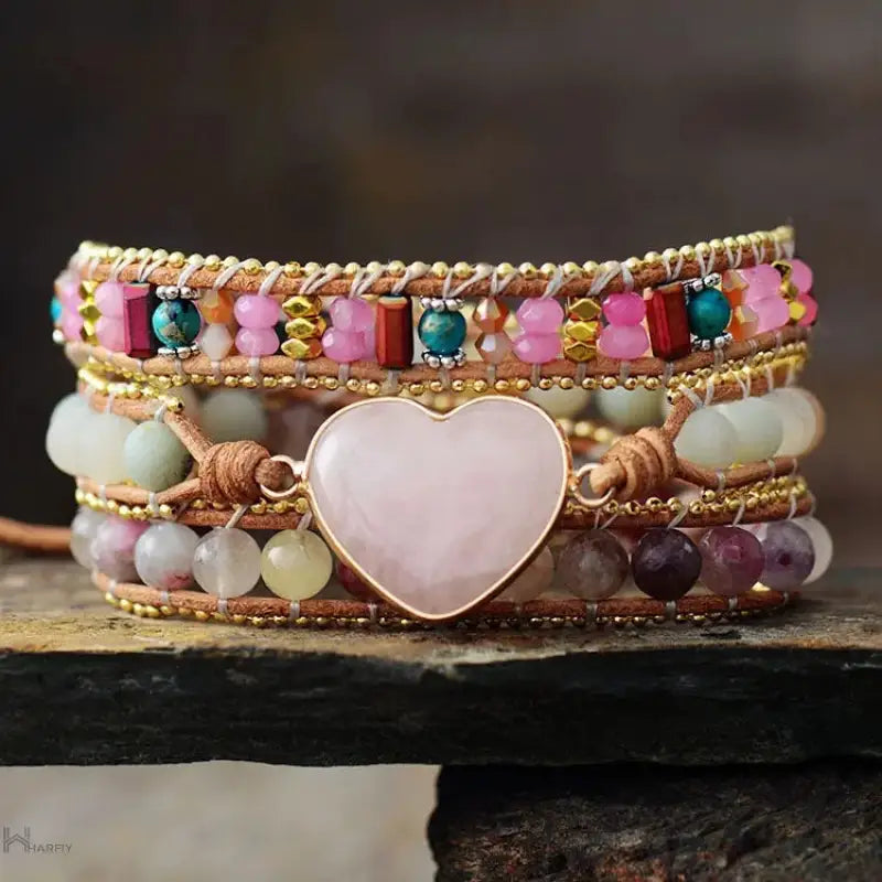 Rose Quartz & Tourmaline Heart Wrap Bracelet